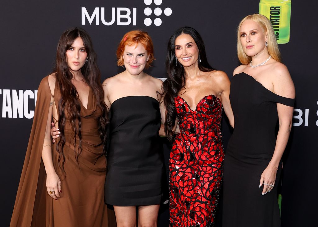 Scout LaRue Willis, Tallulah Willis, Demi Moore and Rumer Willis at the Los Angeles premiere of "The Substance" 