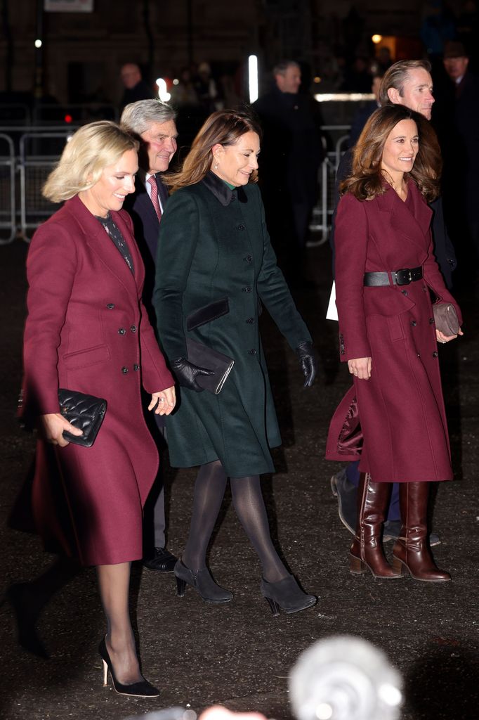 Zara Phillips, Michael Middleton, Carole Middleton, James Matthews and Pippa Middleton  walking at night