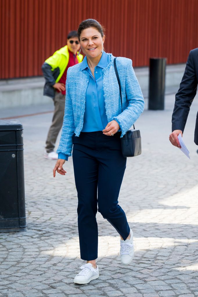crown princess victoria blue blazer at lego exhibition stockholm