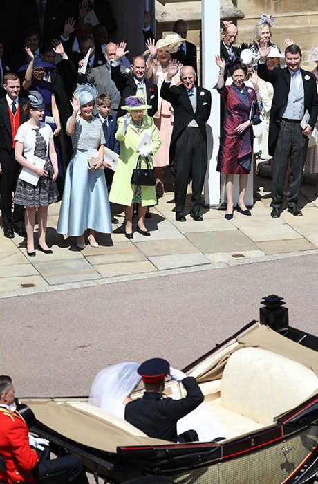 queen waving meghan harry wedding