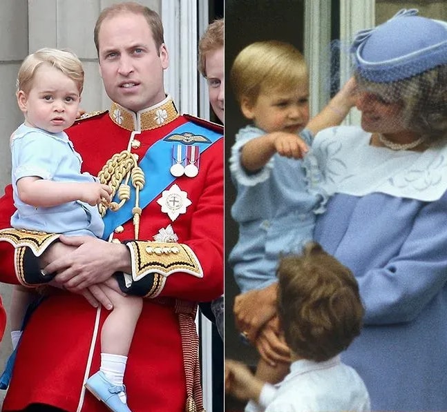 Prince William holding George on left and Diana holding William on the right