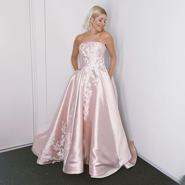 holly willoughby in pink strapless satin dress for dancing on ice