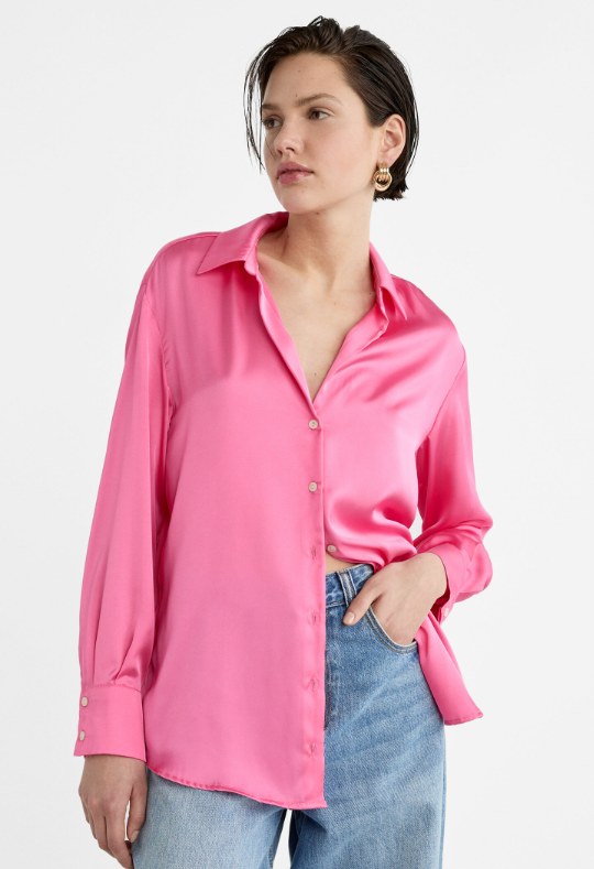stradivarius pink satin shirt 