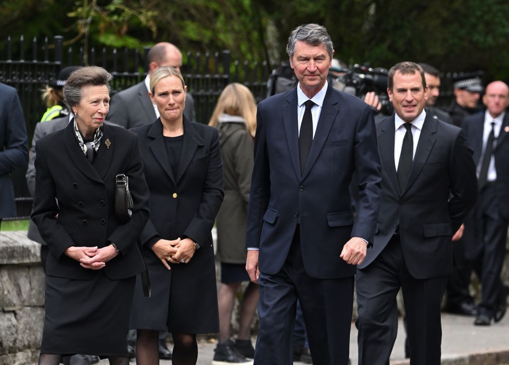 Princess Anne walking with Zara Tindall, Sir Timothy Laurence and Peter Phillips