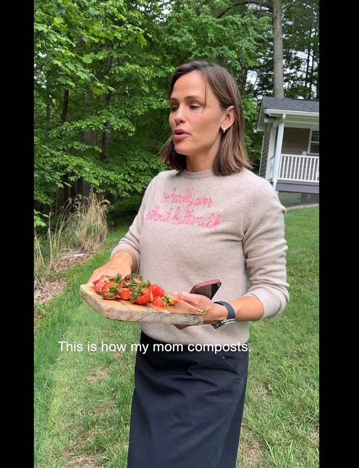 Jennifer stood in a garden holding a chopping board with strawberry heads on it