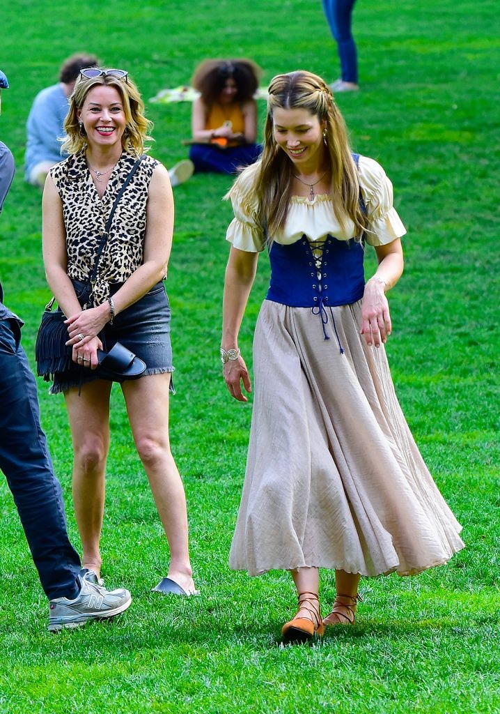 Jessica Biel and Elizabeth Banks are on location for 'The Better Sister' on June 17, 2024 in New York City