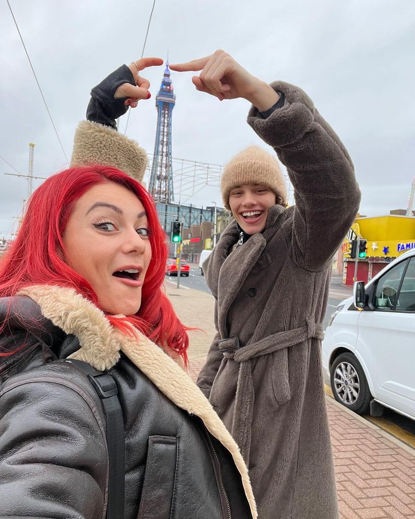 Dianne Buswell and bobby by tower in blackpool
