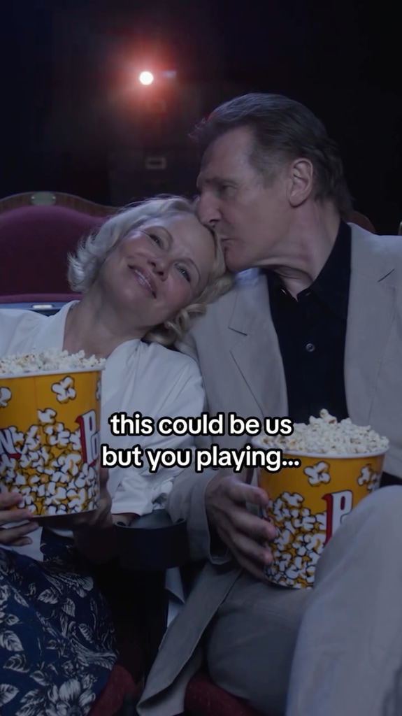 Liam Neeson and Pamela Anderson in the midst of a promotional video for 2025's "The Naked Gun"