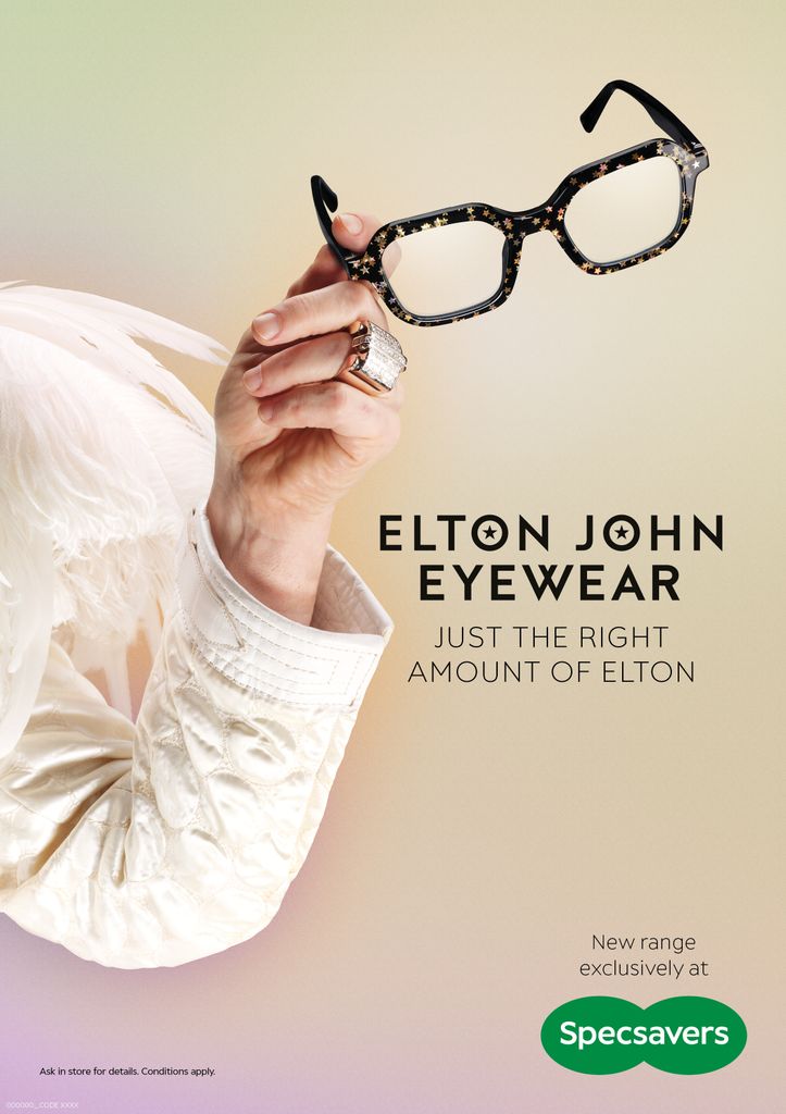 Promotional poster of Elton John's eyewear collection specsavers, singer's arm holding up a pair of frames with logo in the corner
