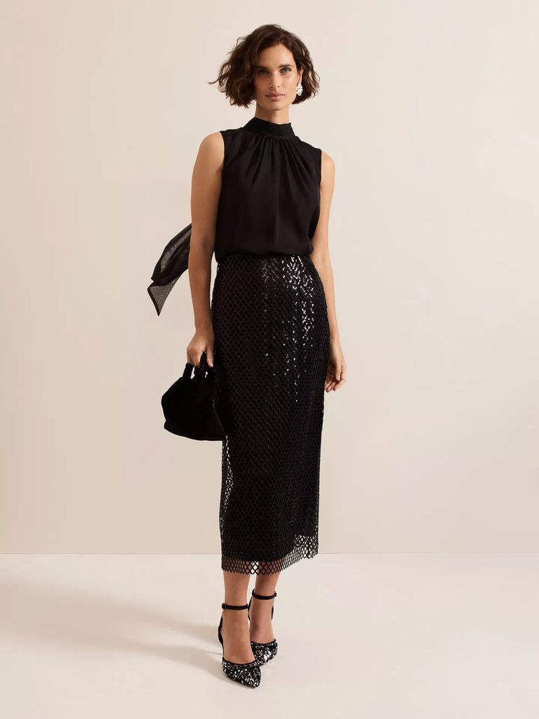Mauve Black Mesh Sequin Midi Skirt
