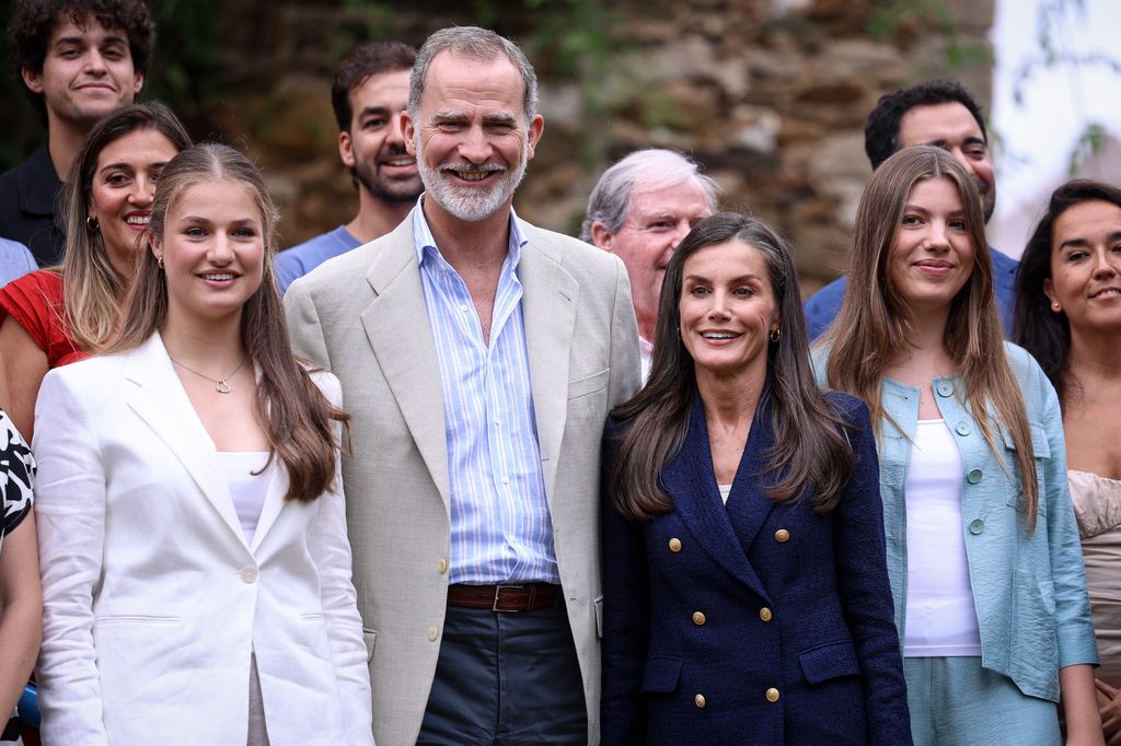 Crown Princess Leonor of Spain, King Felipe VI of Spain, Queen Letizia of Spain and Princess Sofia of Spain attend a meeting with the Youth Advisory Council