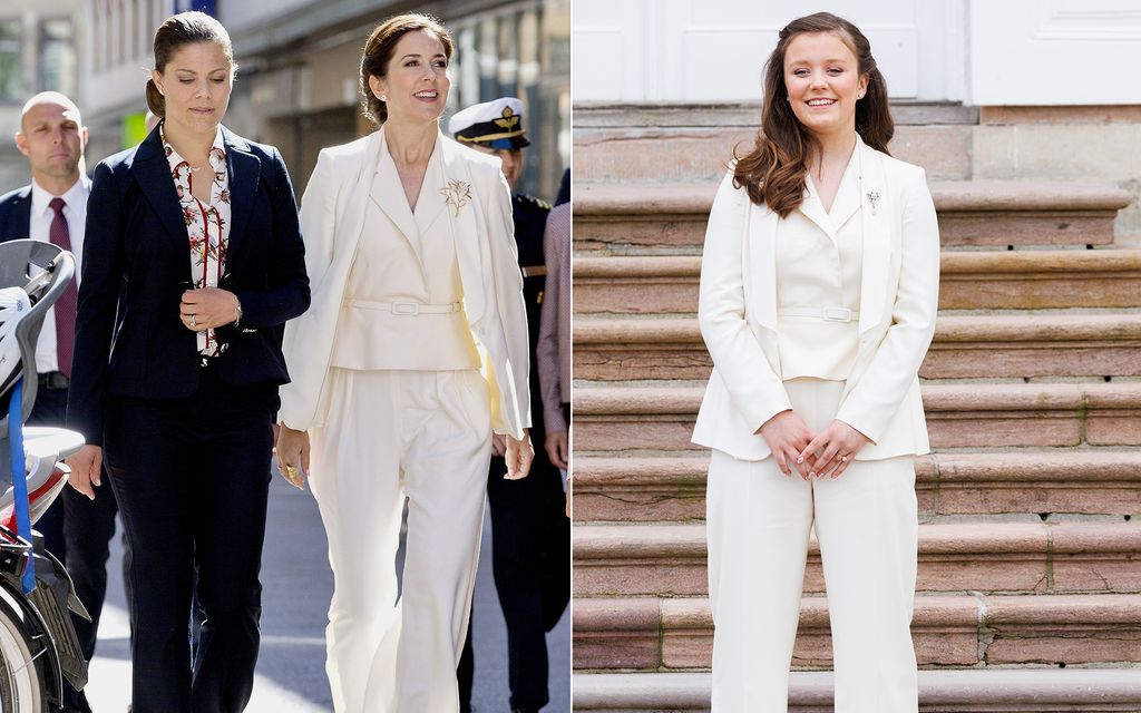 Mary wearing the Max Mara suit in 2017 and Princess Isabella at her confirmation in 2022