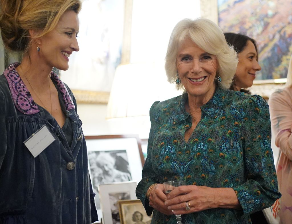 Queen Camilla (right) meeting Natascha McElhone during a reception celebrating 30 years of the Forward Arts Foundation at Clarence House 