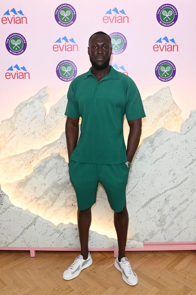 LONDON, ENGLAND - JULY 16: Stormzy poses in the evian VIP Suite on day fourteen of Wimbledon 2023 on July 16, 2023 in London, England. (Photo by Dave Benett/Getty Images for evian)