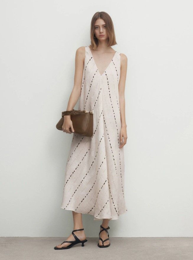 Strappy Linen Midi Dress With Polka Dot Print