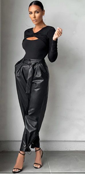black puff leather trousers