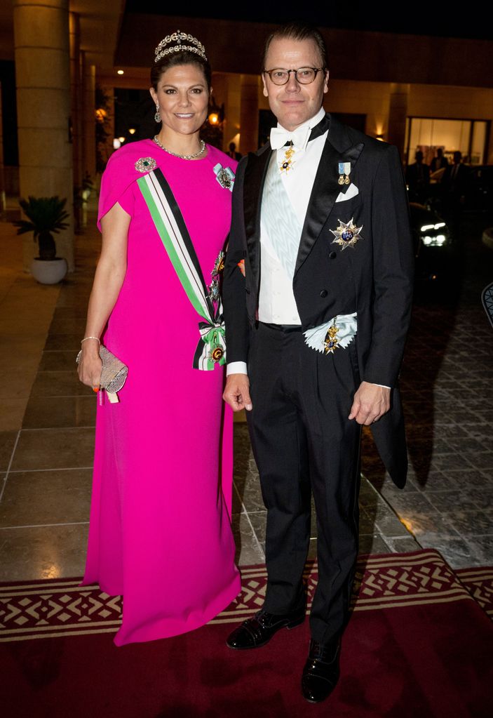 Princess Victoria in a pink dress and a tiara for the jordan wedding state banquet