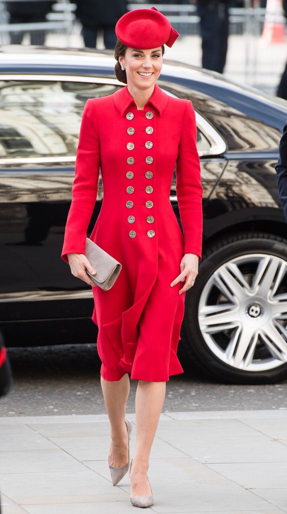 Princess Kate in a red military jacket and hat