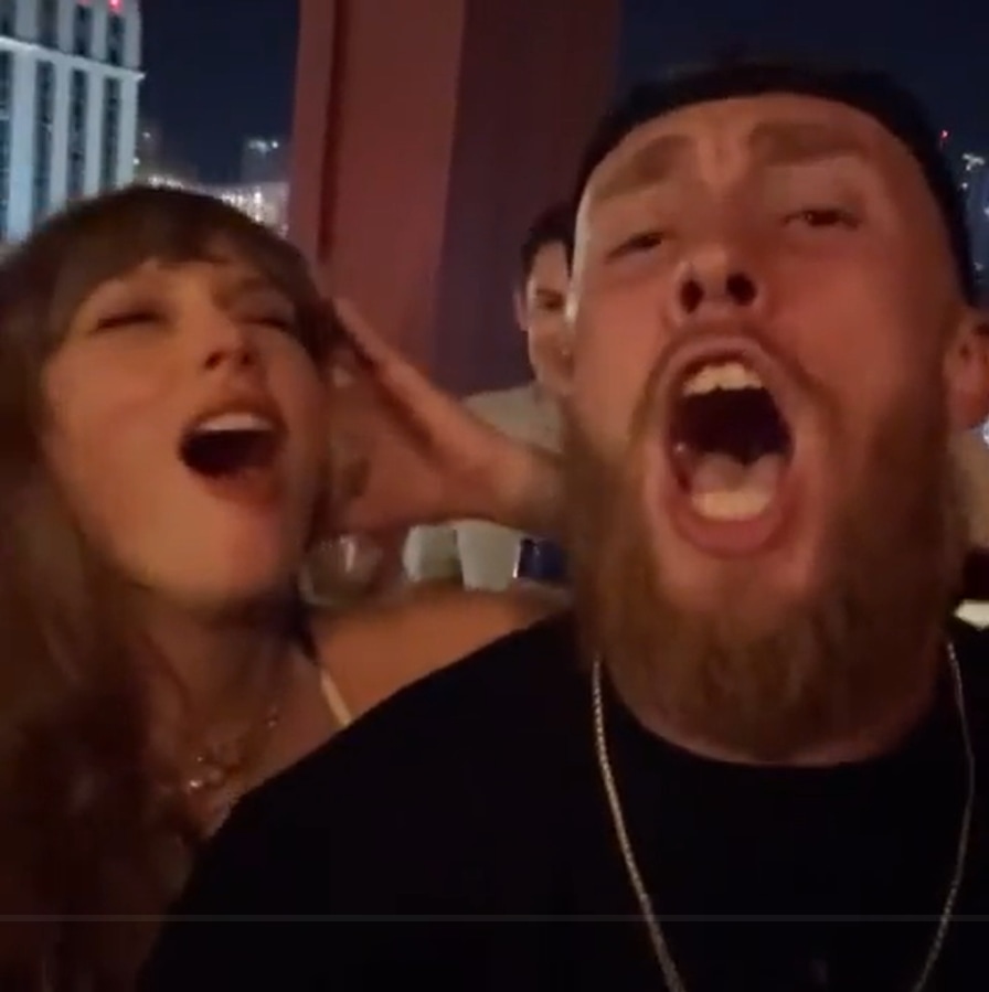 Screengrab de Taylor Swift et George Kittle dansant To Love Story