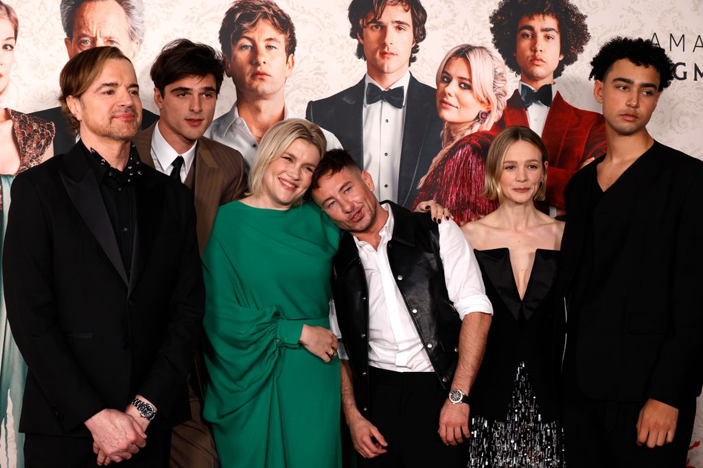 Paul Rhys, Jacob Elordi, Emerald Fennell, Barry Keoghan, Carey Mulligan and Archie Madekwe attend the Los Angeles Premiere Of MGM's "Saltburn" at The Theatre at Ace Hotel on November 14, 2023 in Los Angeles, California.