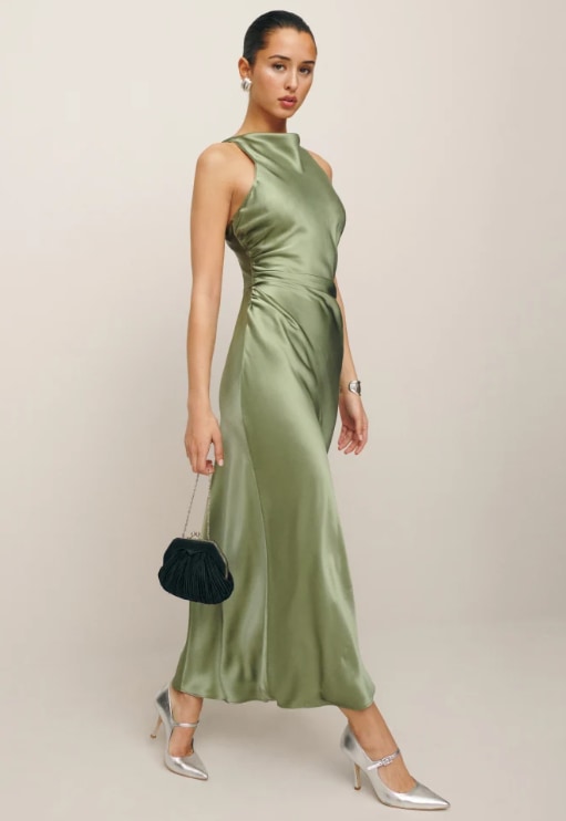 green reformation silk maxi dress 