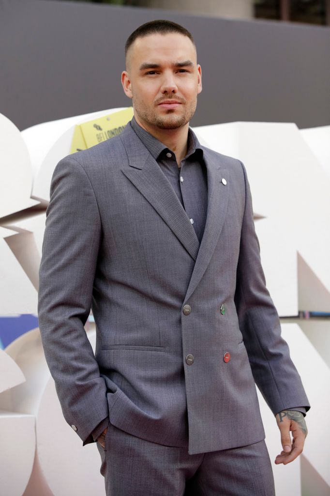 Liam Payne wearing grey suit at film premiere