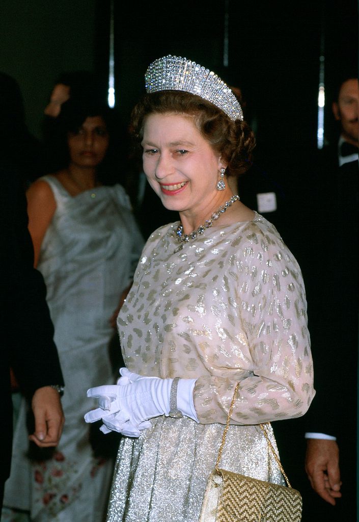 Queen Elizabeth II at a State Banquet wearing the Kokoshnick tiara and Queen Victoria's collet necklace and earrings in 1981