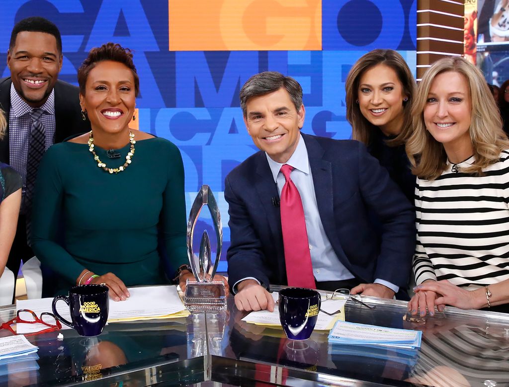 Good Morning America cast Michael Strahan, George Stephanopoulos, Lara Spence, Ginger Zee, Robin Roberts