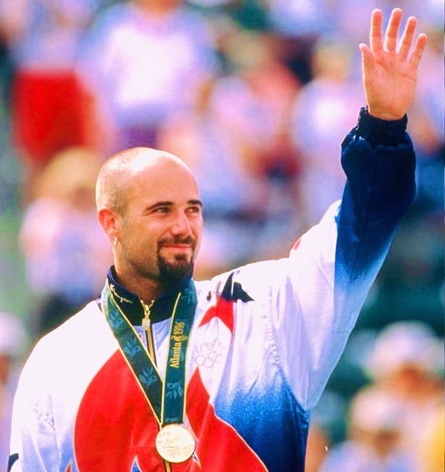 Andre Agassi celebrates his win at Olympic Games in Atlanta 1996