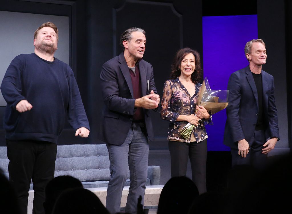 James Corden, Bobby Cannavale, Playwright Yasmina Reza and Neil Patrick Harris during the opening night curtain call for the play "ART" on Broadway at The Music Box Theatre on September 16, 2025 in New York City.