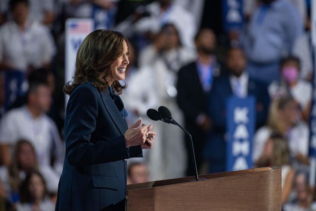 Kamala Harris, the 2024 Democratic Party nominee for President of the US, delivers her acceptance speech for the official Democratic Presidential nomination 