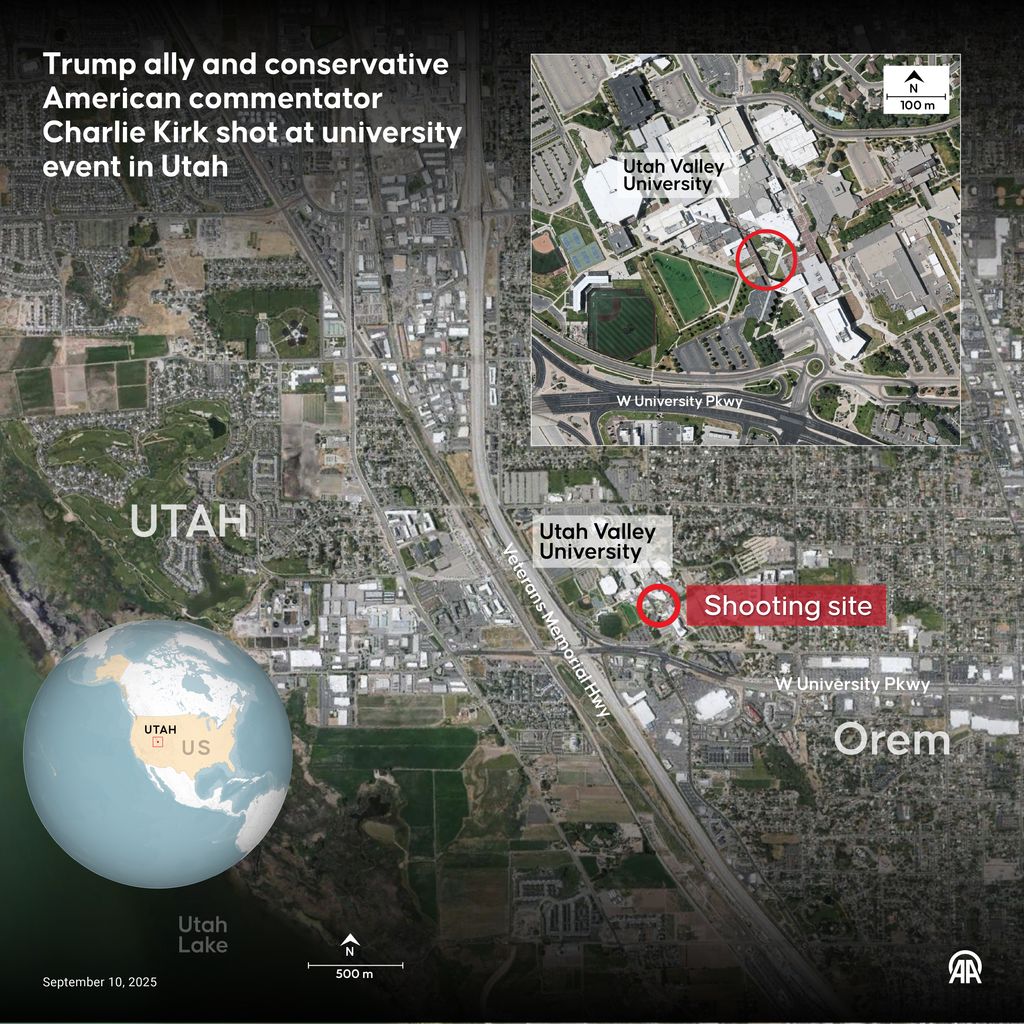 An infographic titled "Trump ally and conservative American commentator Charlie Kirk shot at university event in Utah" created in Ankara, Turkiye on September 10, 2025
