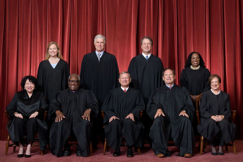 Formal group photograph of the Supreme Court in 2022.

Front L-R: Justices Sonia Sotomayor, Clarence Thomas, Chief Justice John G. Roberts, Jr., and Justices Samuel A. Alito and Elena Kagan.  
Standing L-R: Justices Amy Coney Barrett, Neil M. Gorsuch, Brett M. Kavanaugh, and Ketanji Brown Jackson