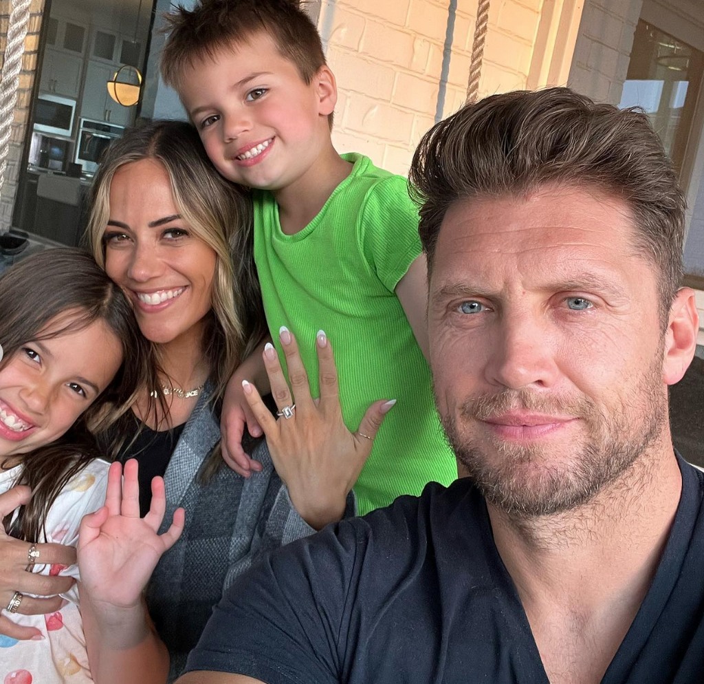 Photo shared by Jana Kramer on Instagram announcing her engagement, featuring her two kids, Jolie and Jace, and her fiancé Allan Russell