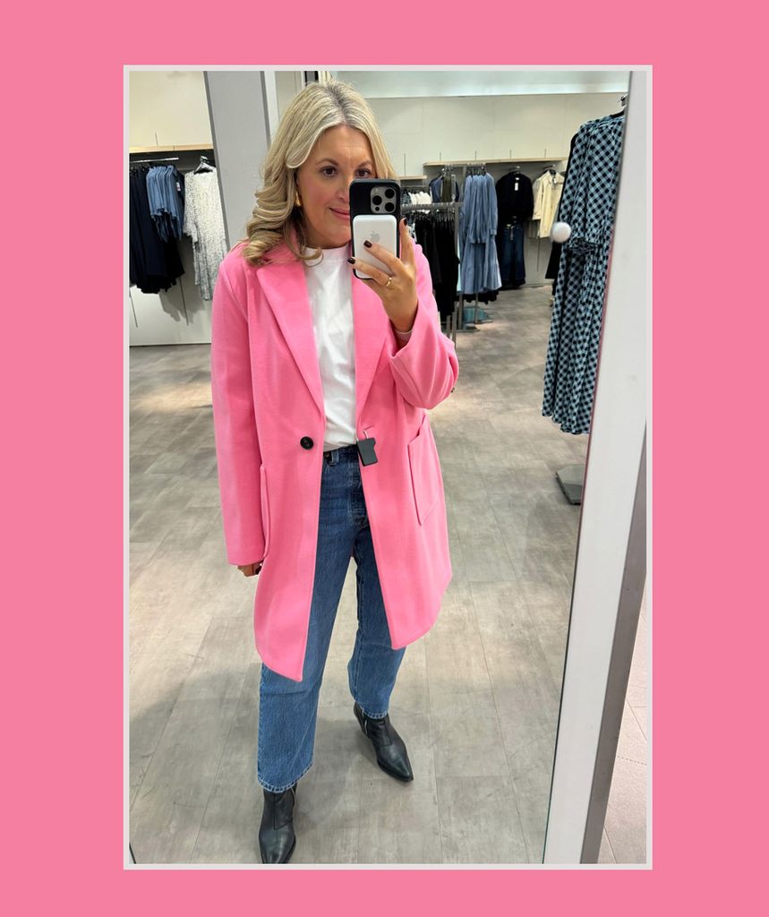 Leanne Bayley wearing Kate Middleton style pink coat at marks and spencer