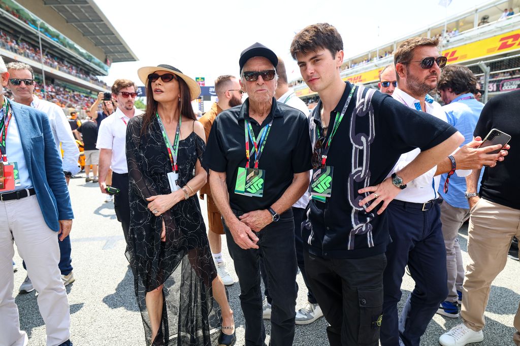 Catherine Zeta-Jones with her husband Michael Douglas and son Dylan Douglas on the grid during the F1 Grand Prix of Spain at Circuit de Barcelona-Catalunya on June 4, 2023 in Barcelona, Spain