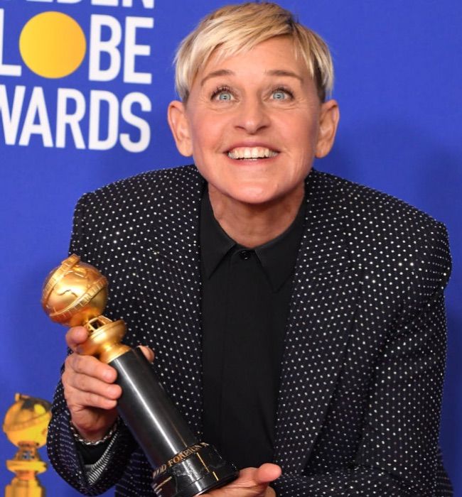 Ellen DeGeneres with a trophy at the Golden Globes