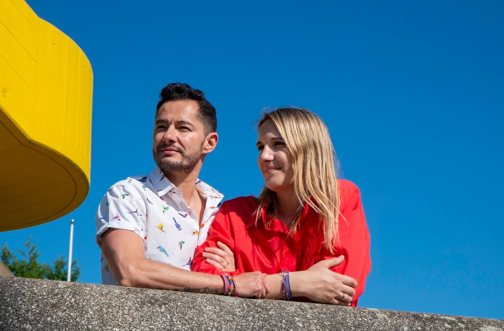 Hannah Graf and Jake Graf pose at the Southbank for the Pride in London x TMW 2023