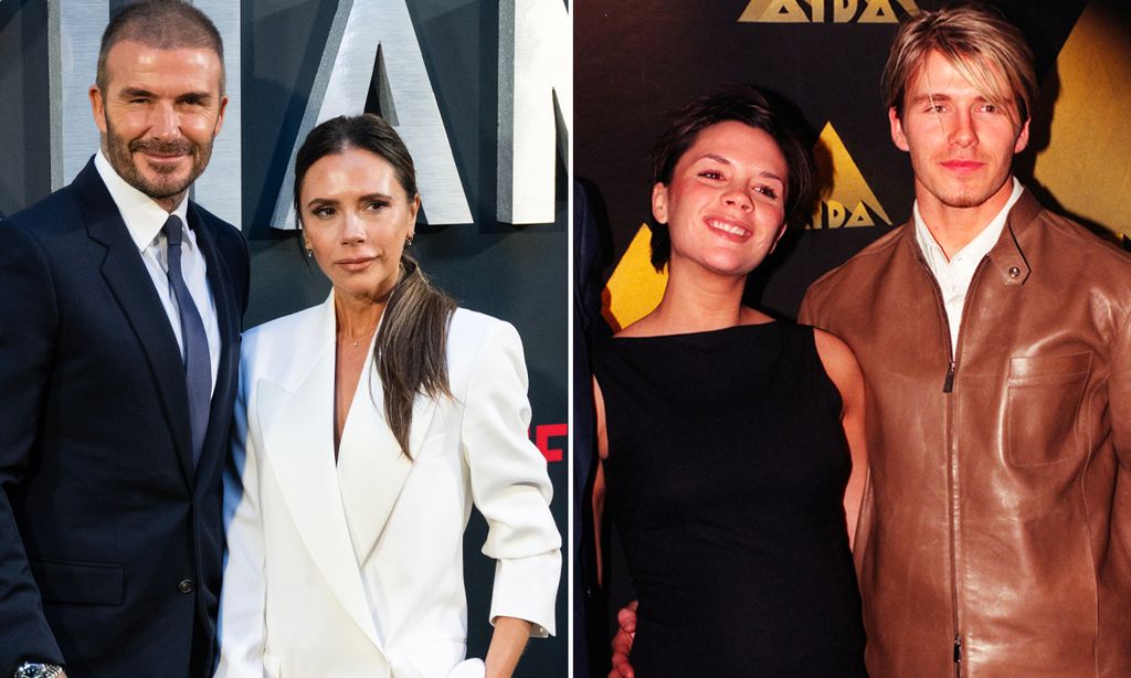 David and victoria smiling on the left and a younger version of them on the right