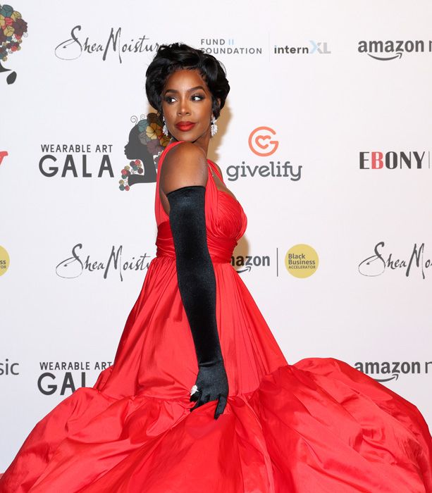 kelly rowland red dress and gloves