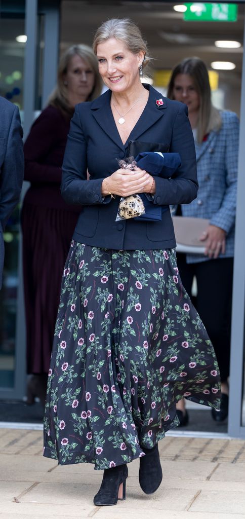 Sophie, Duchess of Edinburgh in a floral skirt and navy blazer