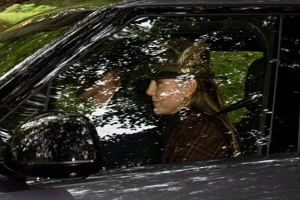 Kate Middleton in a brown checked coat and a feathered hat