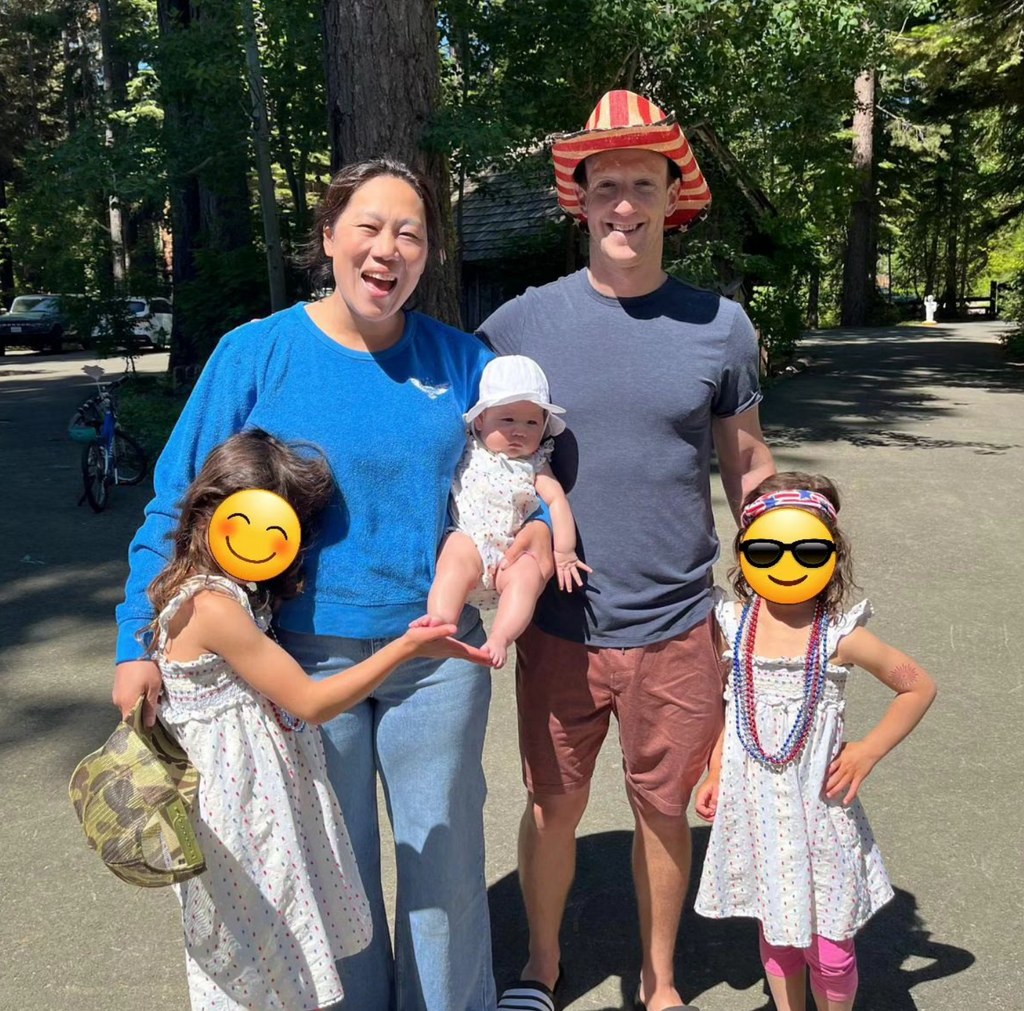 Photo shared by Mark Zuckerberg on Instagram July 2023 with his wife Priscilla Chan and their three daughters, Maxine, August, and Aurelia