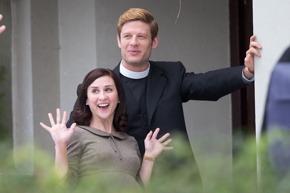 Morven Christie and James Norton on the set of Grantchester 