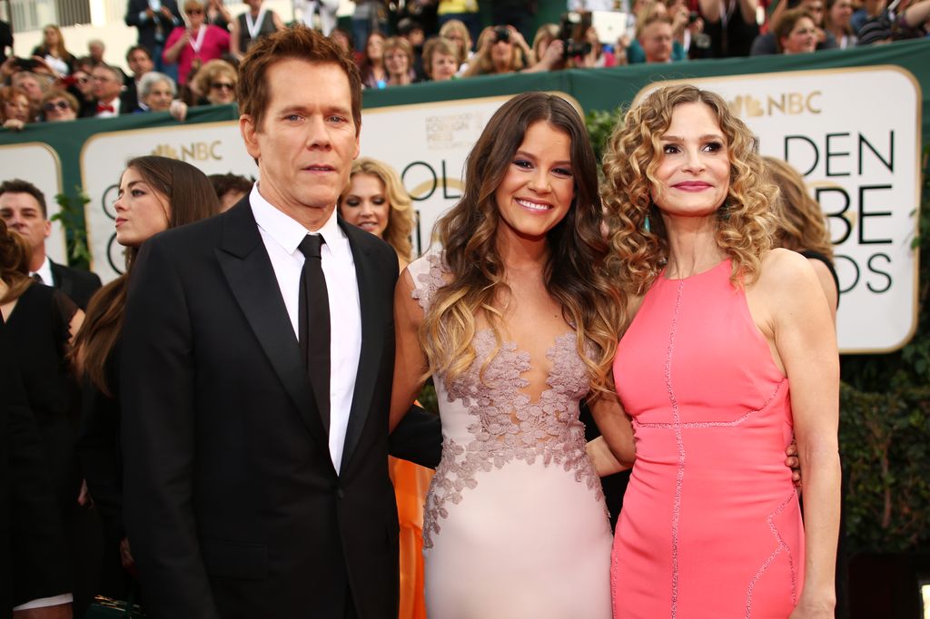 Kevin Bacon, daughter Sosie Bacon, and actress Kyra Sedgwick arrive to the 71st Annual Golden Globe Awards held at the Beverly Hilton Hotel on January 12, 2014