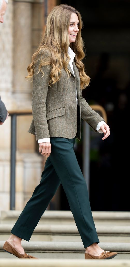 Kate Middleton wearing blazer, trousers and tan shoes