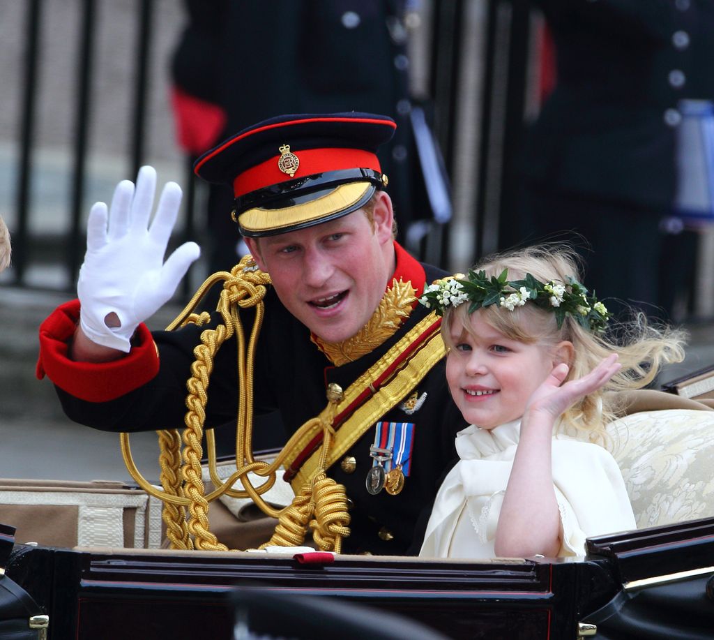 Prince Harry and a young Lady Louise Windsor waving
