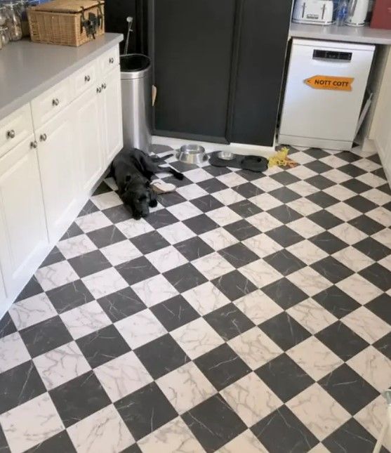 Nottingham Cottage kitchen with black and white tiled floor and dog bowls