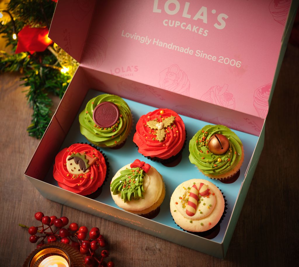 Box of six Lola's Cupcakes in Christmas design