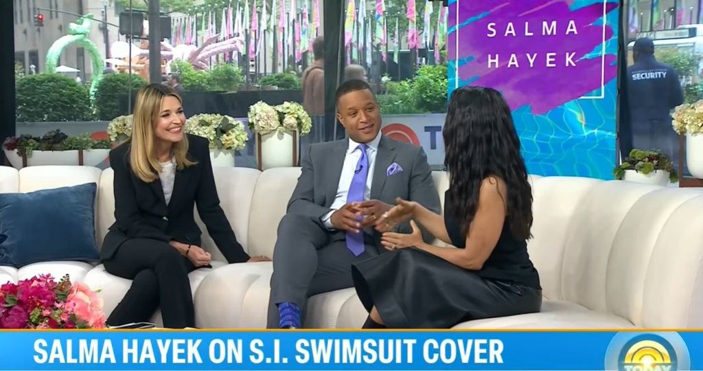 craig melvin and savannah guthrie sitting on today couch with salma hayek